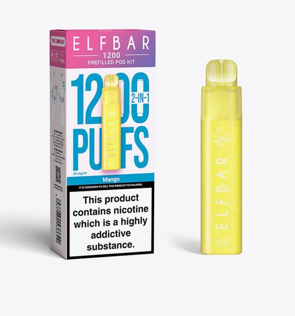 2 in 1 Elfbar 1200 Puffs Prefilled Pod Kit - Box of 5 available in Mango Flavour at UK Vaper Wholesale