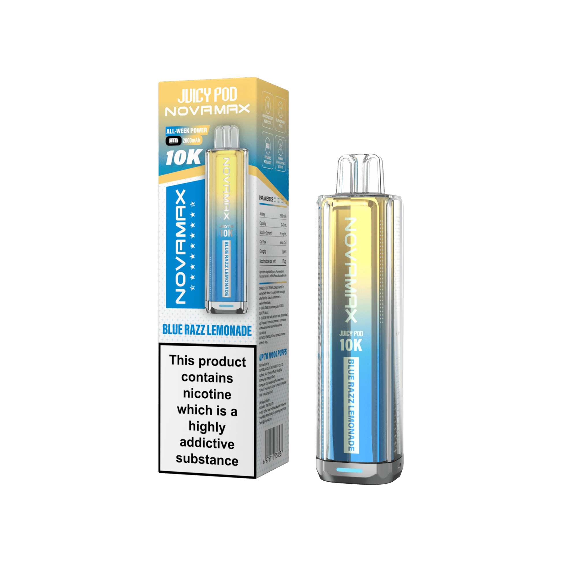 Juicy Pod Novamax 10k Prefilled Pod Vape Kit - Pack of 5 available in Blue Razz Lemonade Flavour at UK Vaper Wholesale