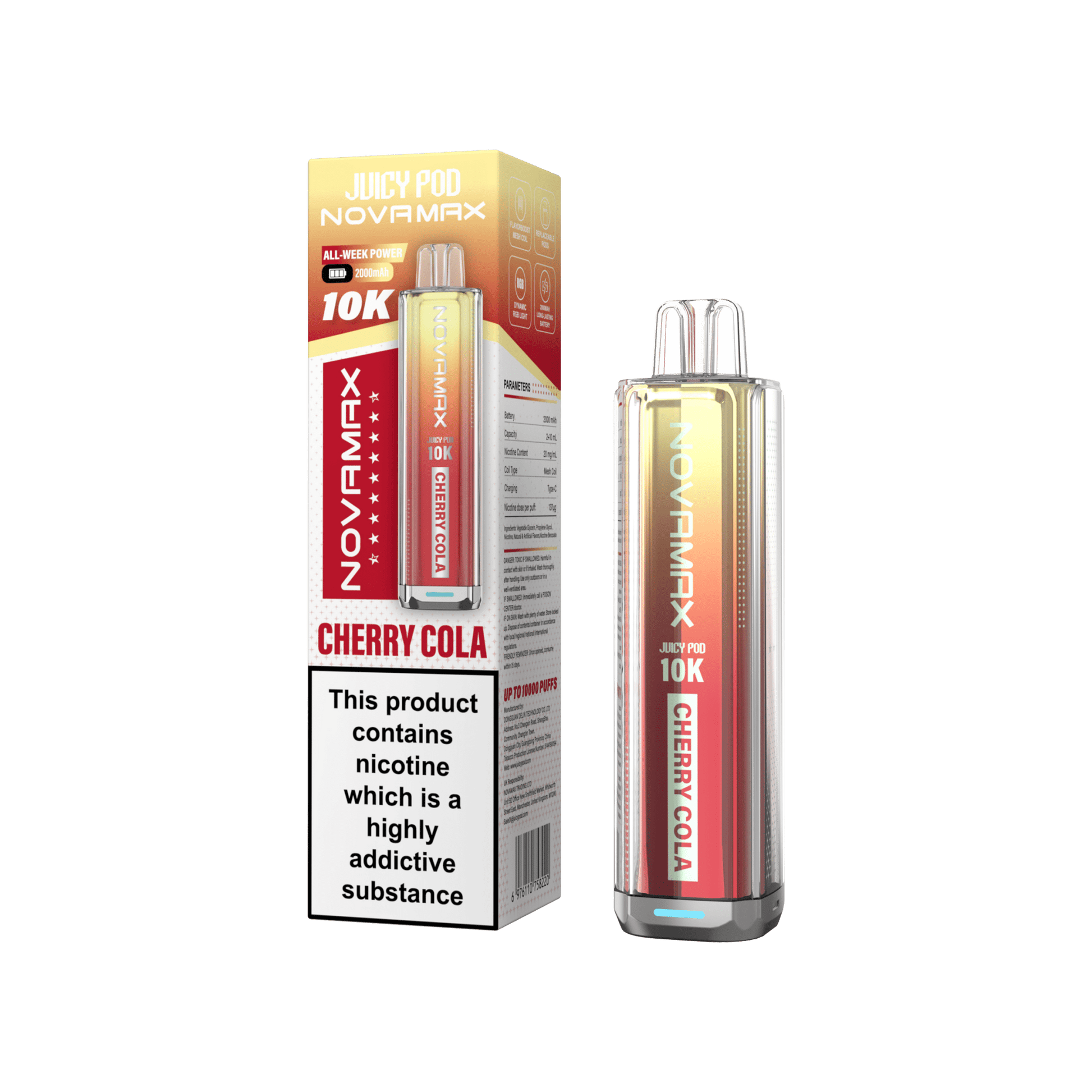 Juicy Pod Novamax 10k Prefilled Pod Vape Kit - Pack of 5 available in Cherry Cola Flavour at UK Vaper Wholesale