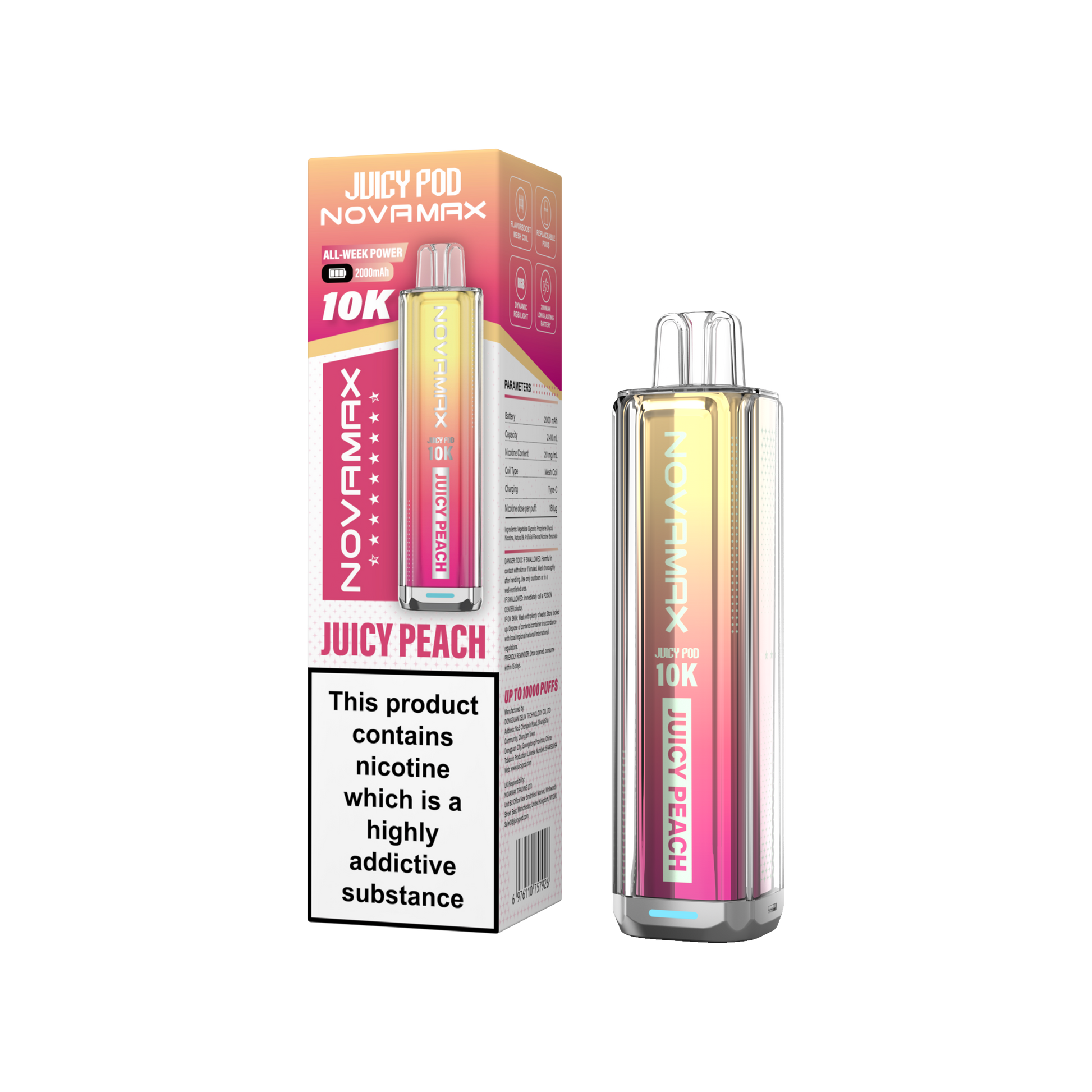 Juicy Pod Novamax 10k Prefilled Pod Vape Kit - Pack of 5 available in Juicy Peach Flavour at UK Vaper Wholesale