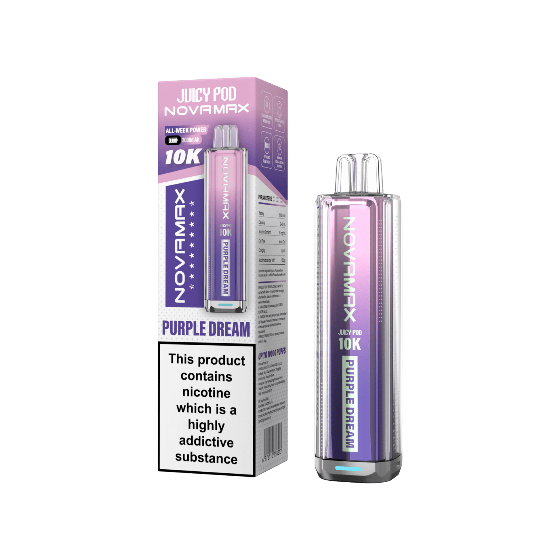 Juicy Pod Novamax 10k Prefilled Pod Vape Kit - Pack of 5 available in Purple Dream Flavour at UK Vaper Wholesale