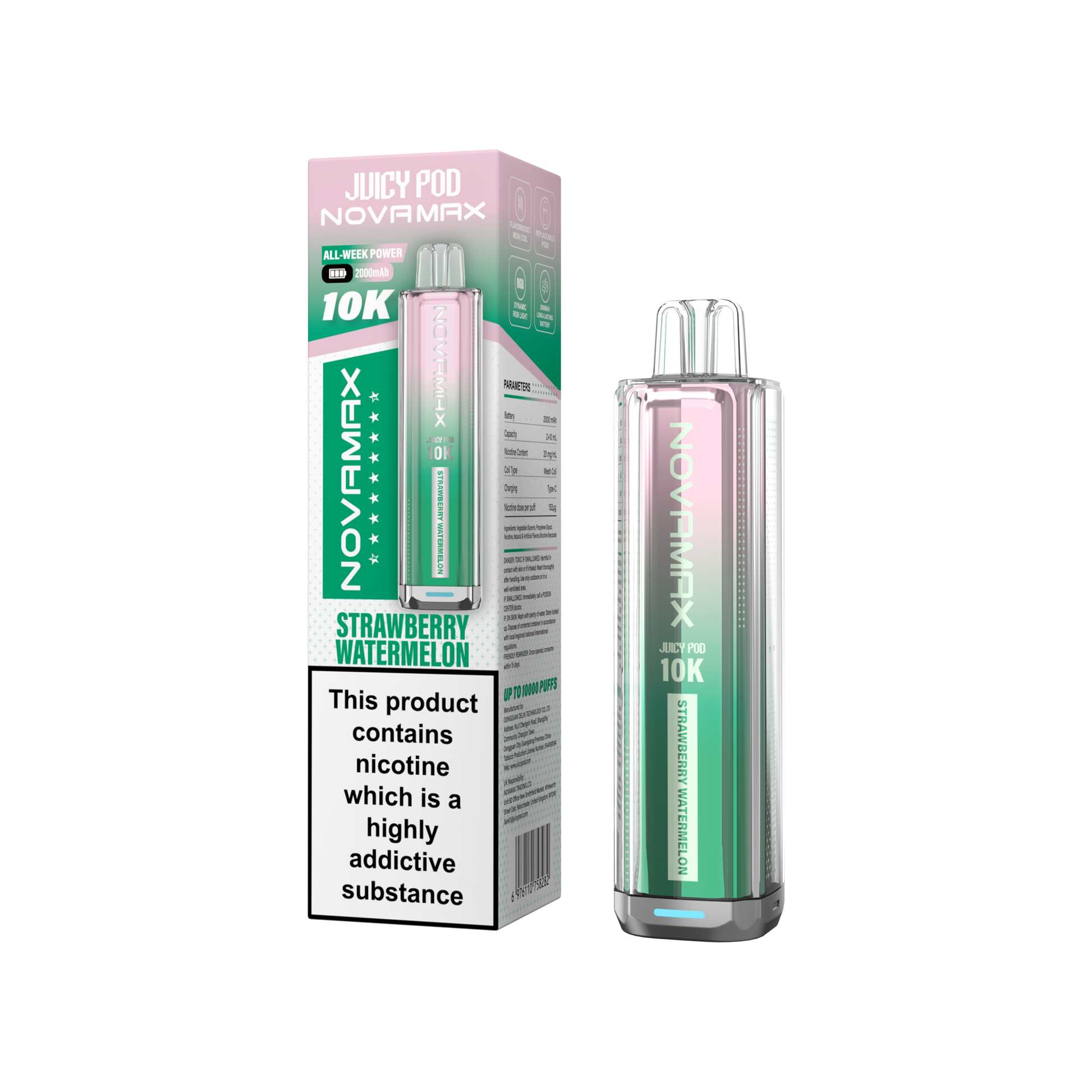 Juicy Pod Novamax 10k Prefilled Pod Vape Kit - Pack of 5 available in Strawberry Watermelon Flavour at UK Vaper Wholesale