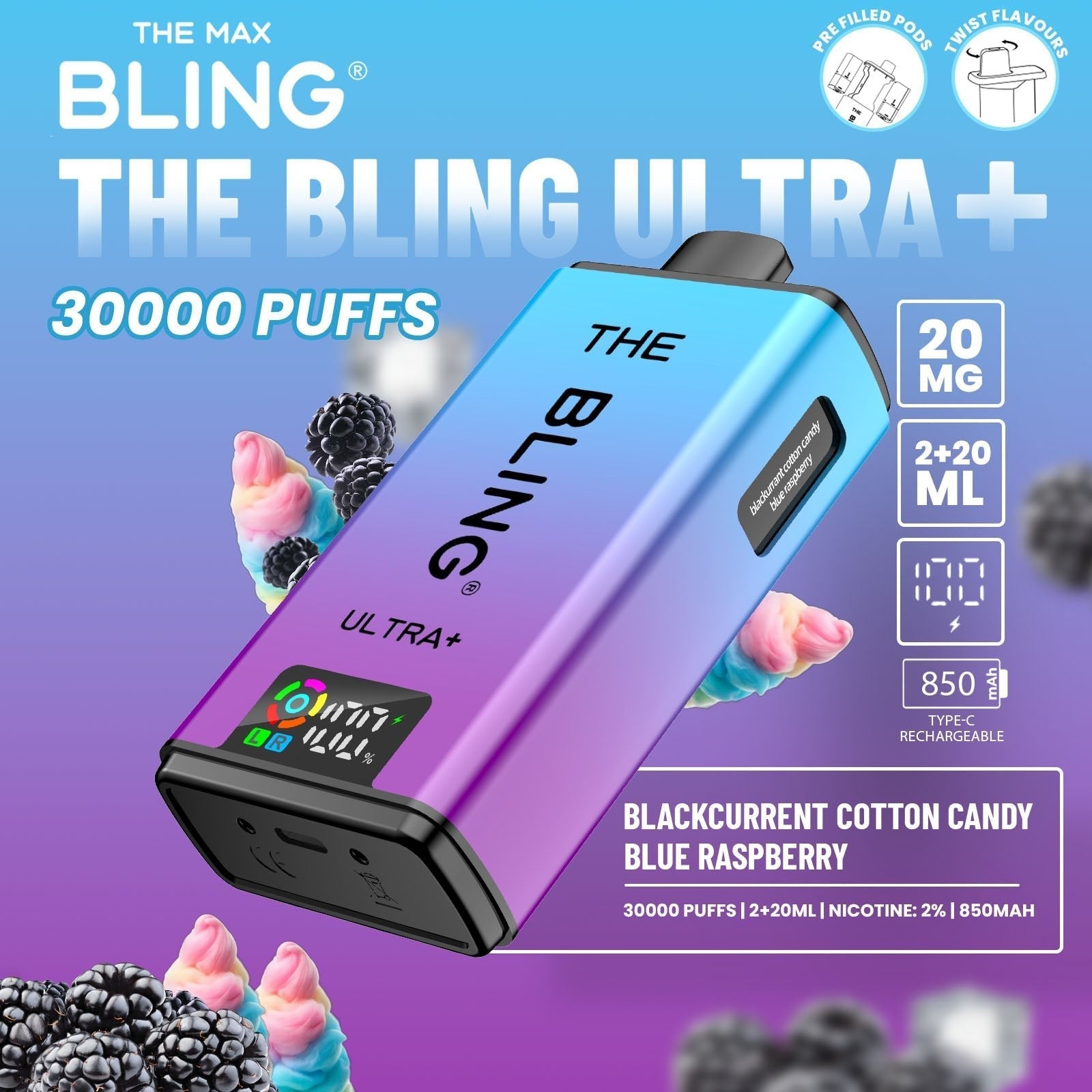 The Bling Ultra Plus 30k Prefilled Vape Pod Kit Box of 5 available in Blackcurrent Cotton Candy Blue Raspberry Flavour at UK Vaper Wholesale