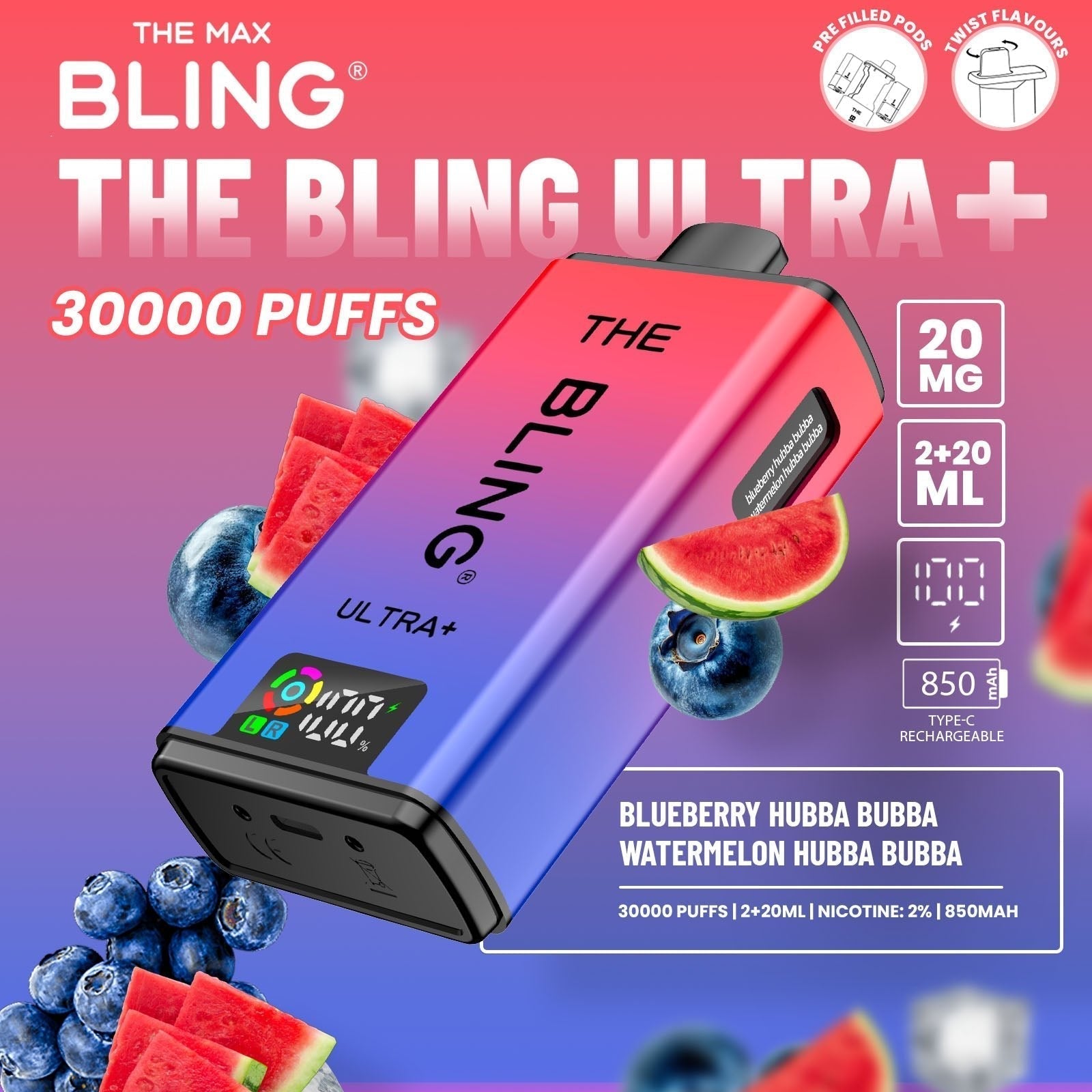 The Bling Ultra Plus 30k Prefilled Vape Pod Kit Box of 5 available in Blueberry Hubba Bubba Watermelon Hubba Bubba Flavour at UK Vaper Wholesale