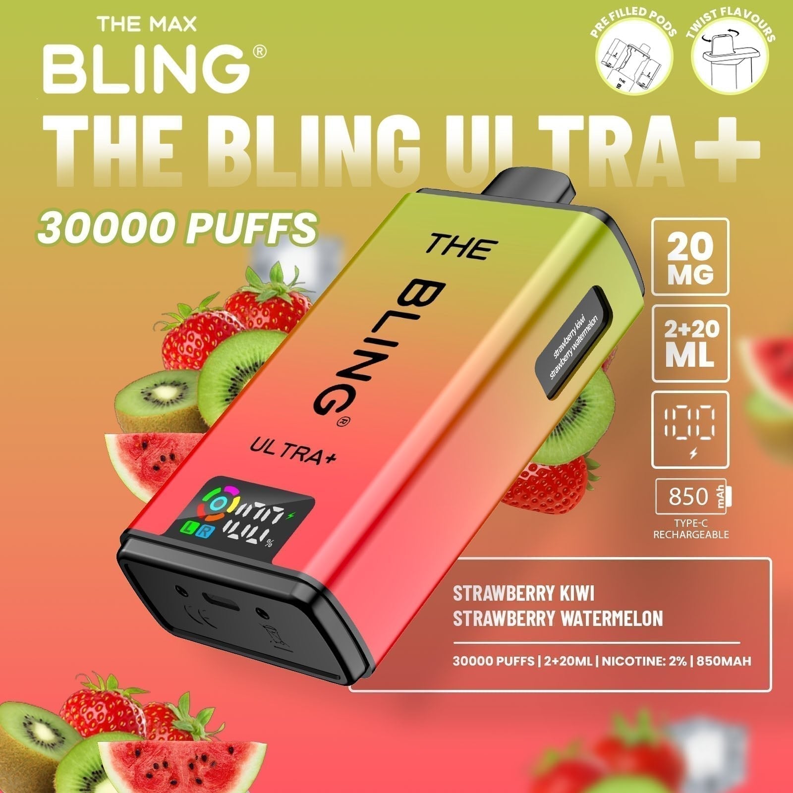 The Bling Ultra Plus 30k Prefilled Vape Pod Kit Box of 5 available in Strawberry Kiwi Strawberry Watermelon Flavour at UK Vaper Wholesale