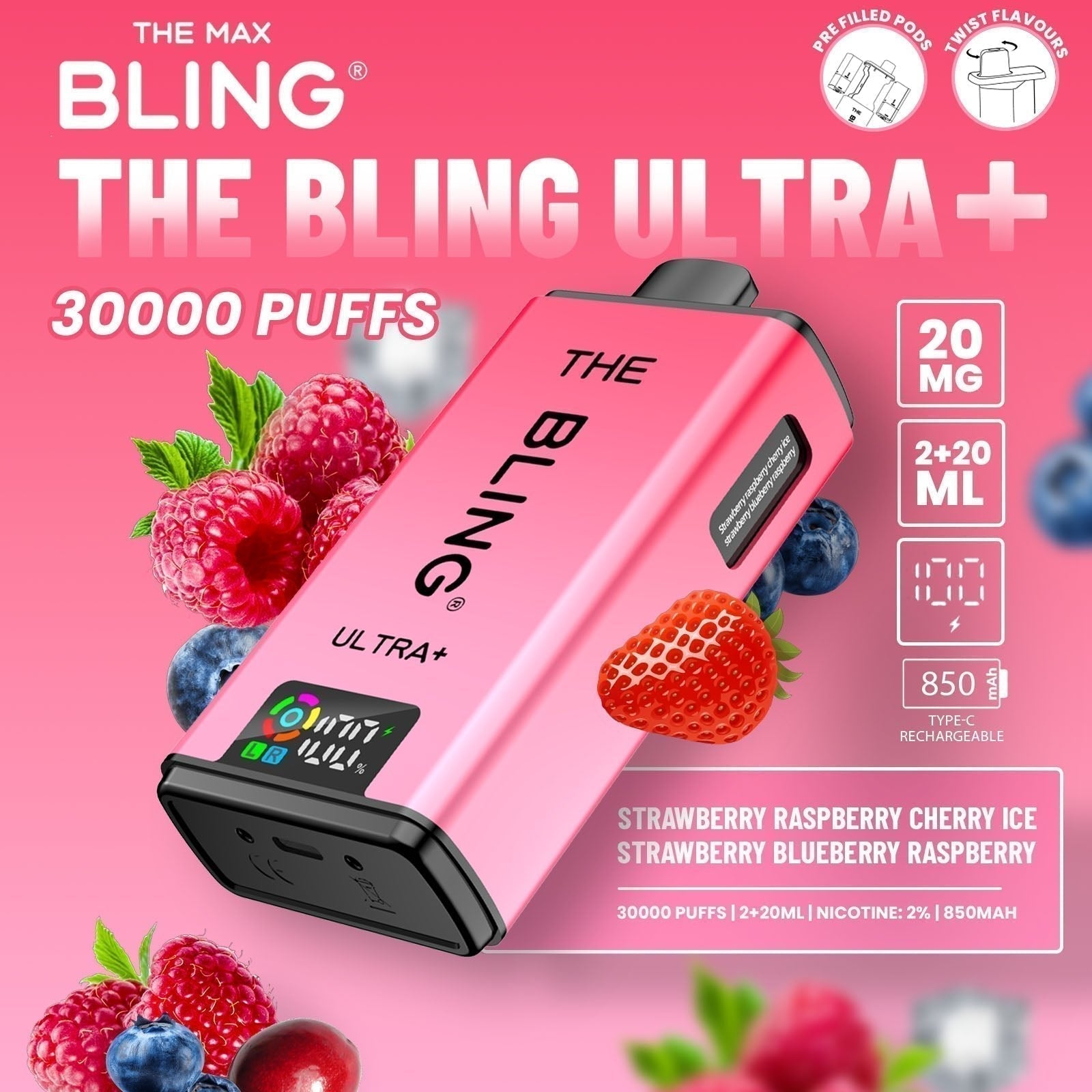 The Bling Ultra Plus 30k Prefilled Vape Pod Kit Box of 5 available in Strawberry Raspberry Cherry Ice Strawberry Blueberry Raspberry Flavour at UK Vaper Wholesale