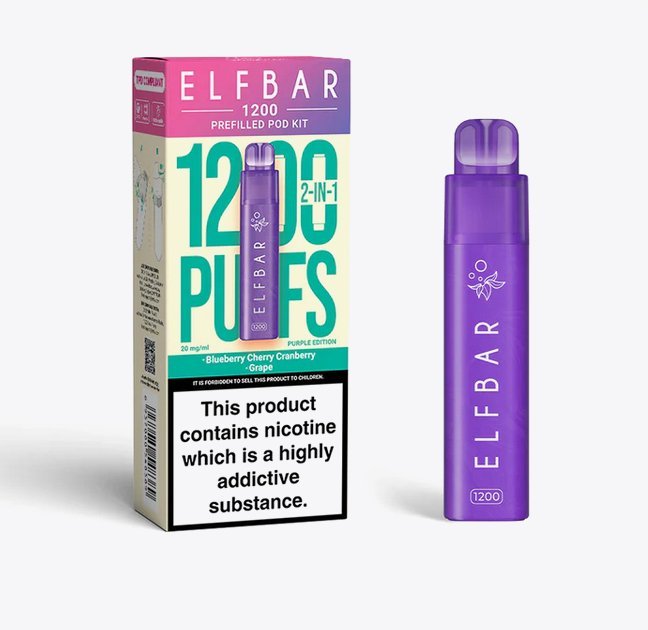 2 in 1 Elfbar 1200 Puffs Prefilled Pod Kit - Box of 5 available in Grape Flavour at UK Vaper Wholesale