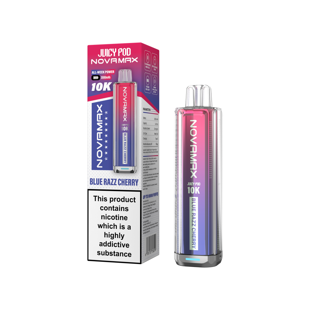 Juicy Pod Novamax 10k Prefilled Pod Vape Kit - Pack of 5 available in Blue Razz Cherry Flavour at UK Vaper Wholesale