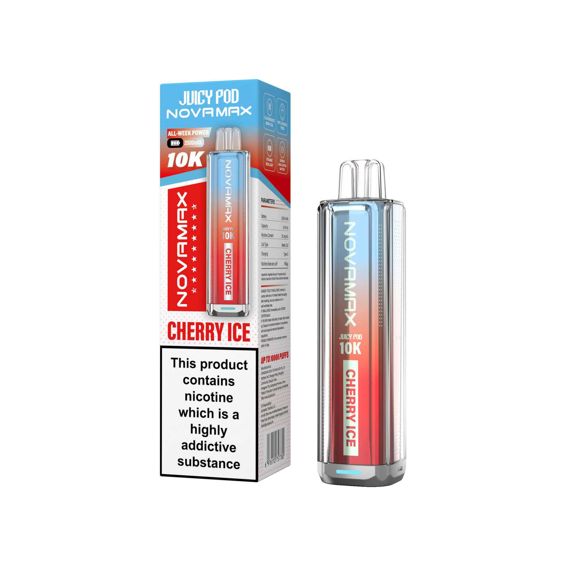 Juicy Pod Novamax 10k Prefilled Pod Vape Kit - Pack of 5 available in Cherry Ice Flavour at UK Vaper Wholesale