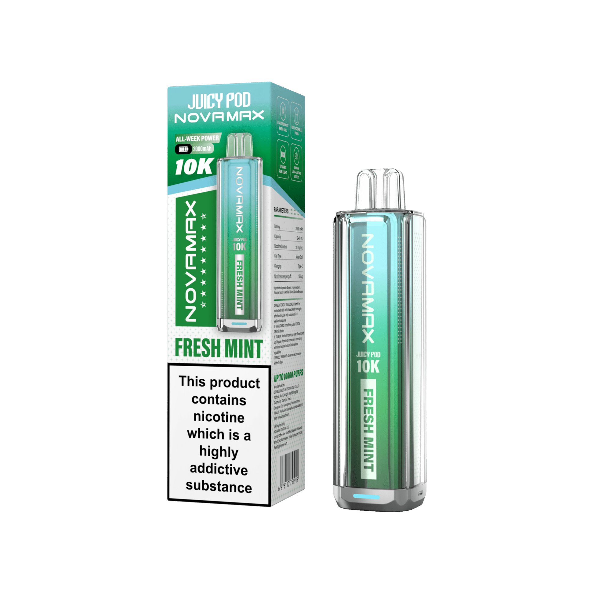 Juicy Pod Novamax 10k Prefilled Pod Vape Kit - Pack of 5 available in Fresh Mint Flavour at UK Vaper Wholesale