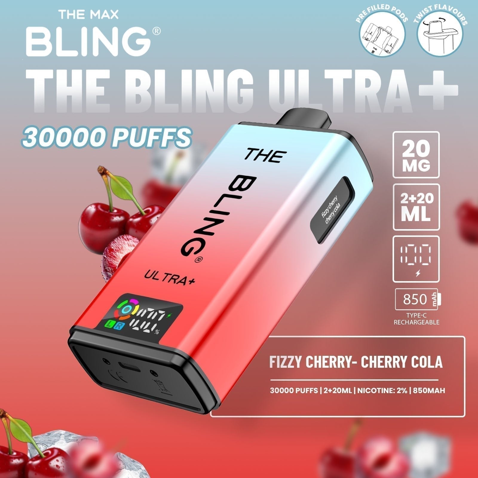 The Bling Ultra Plus 30k Prefilled Vape Pod Kit Box of 5 available in Fizzy Cherry - Cherry Cola Flavour at UK Vaper Wholesale