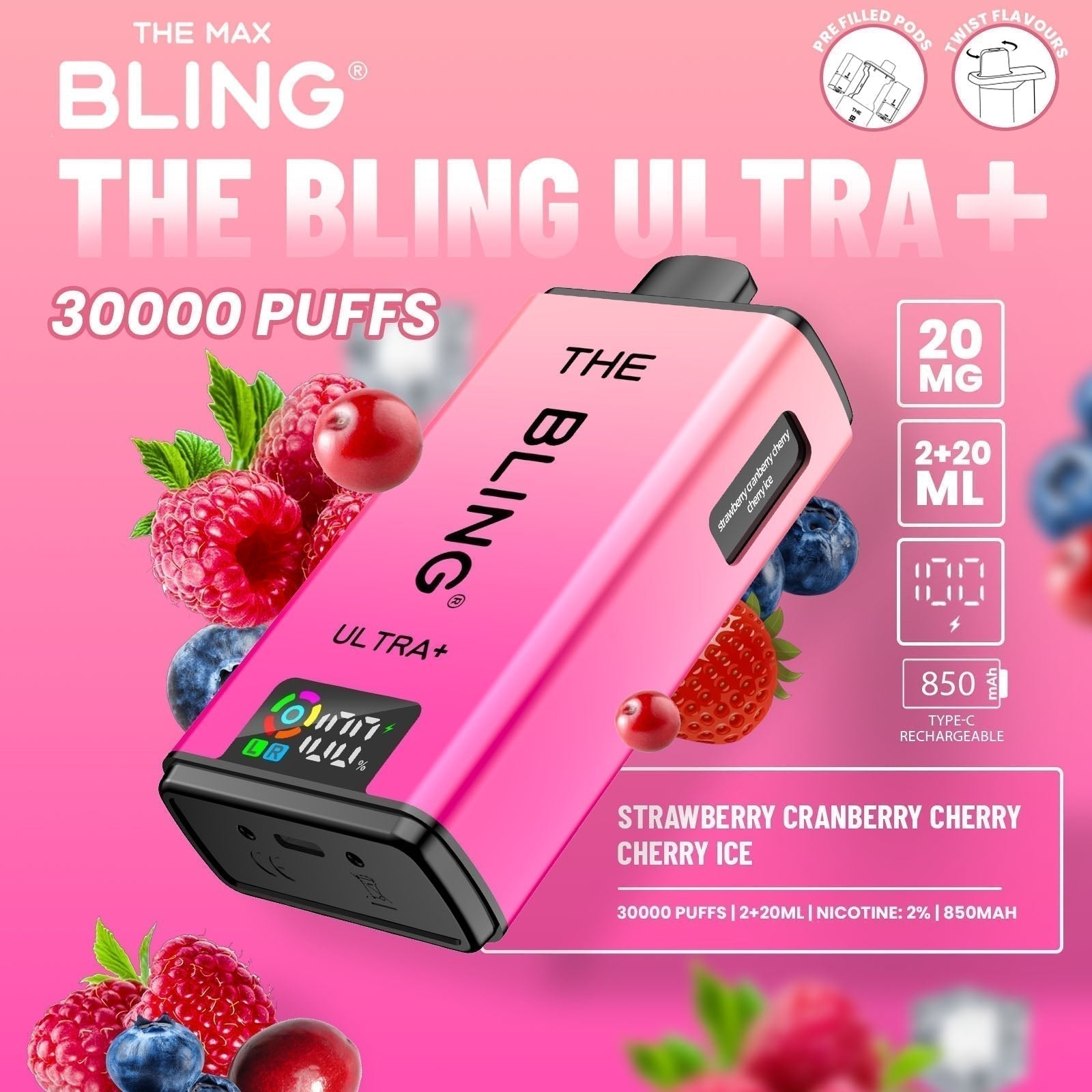 The Bling Ultra Plus 30k Prefilled Vape Pod Kit Box of 5 available in Strawberry Cranberry Cherry Cherry Ice Flavour at UK Vaper Wholesale